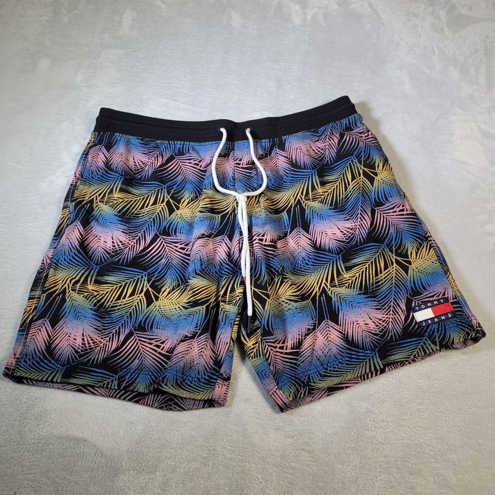 Tommy‎ Jeans Shorts Mens XXL Black Multicolor Palm Leaf Print Cotton Drawstring